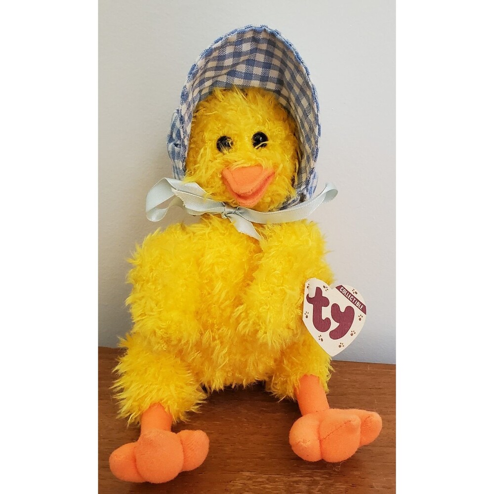 TY Duck Plush Bonnie Yellow 5-way Jointed Checked Bonnet 1993 Vintage 10" Easter